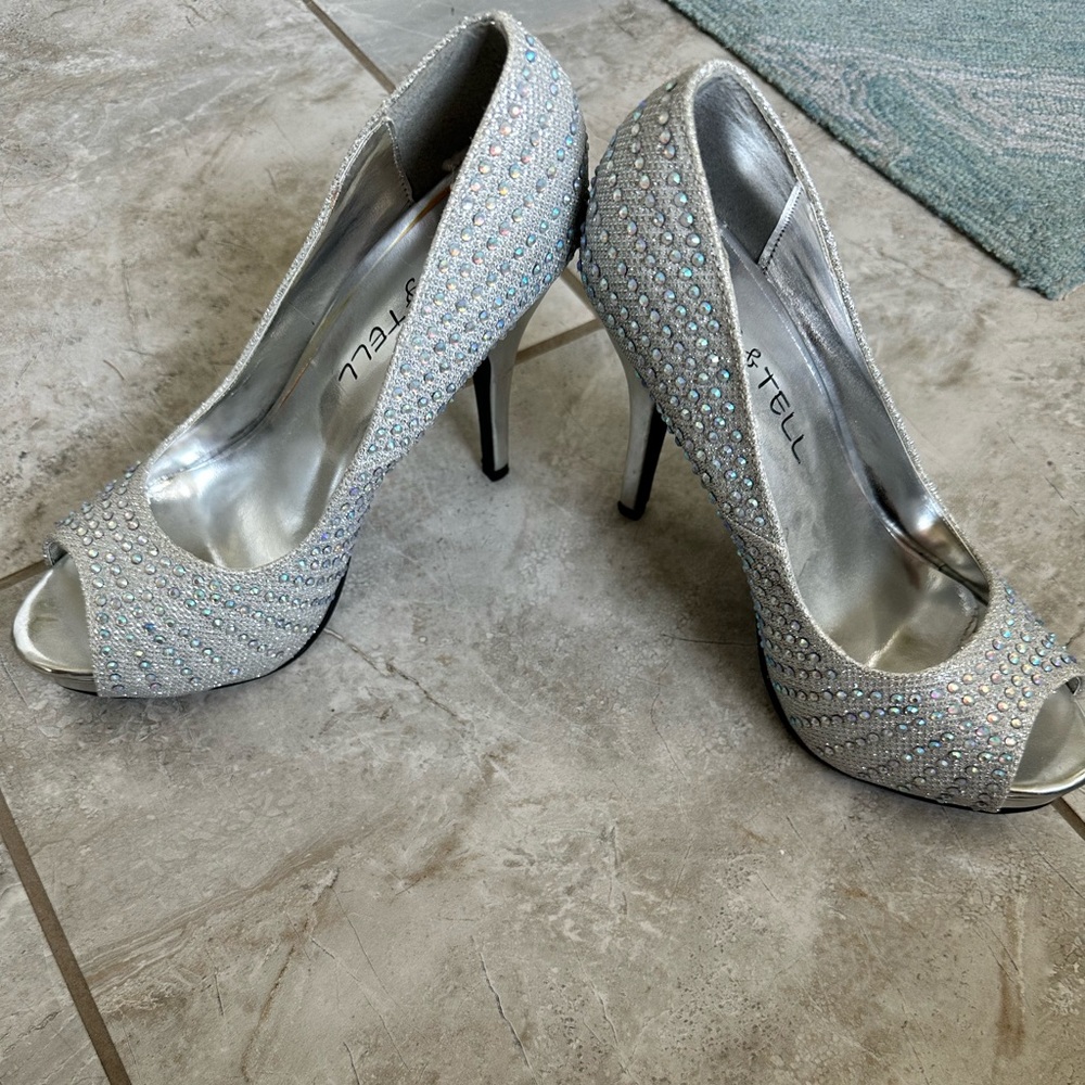 Kiss & Tell Silver Peep-Toe Heels with Rhinestones